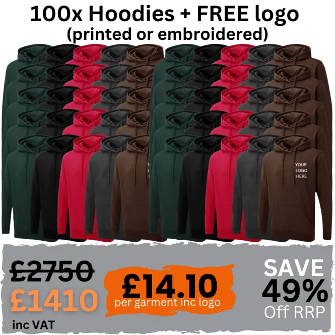 100 Hoodies Workwear Pack with Custom Logo – Embroidered or Printed