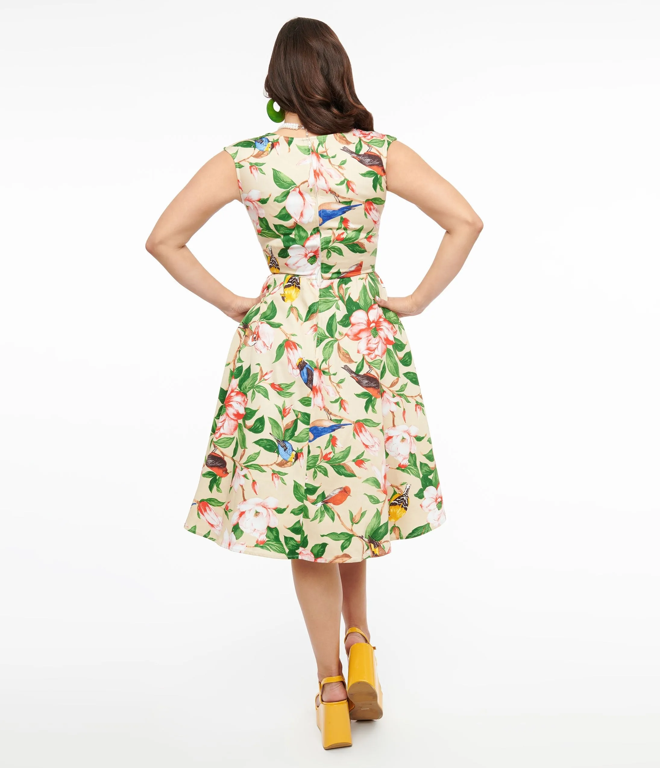 1950s Brown Cotton Swallow Print Swing Dress