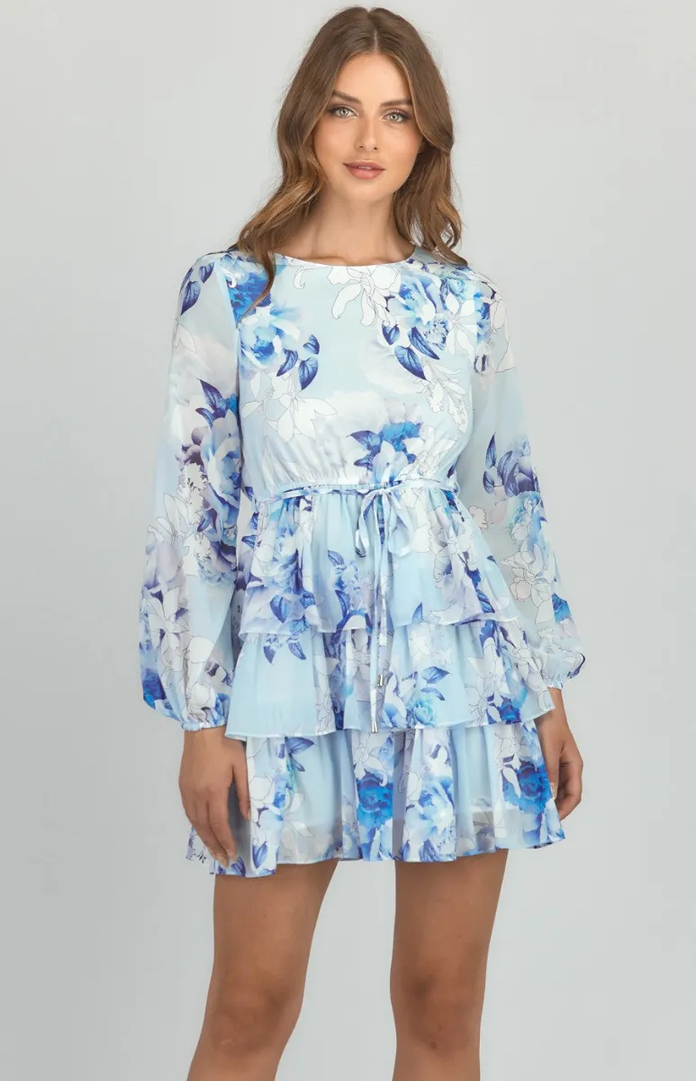 Abstract Floral Chiffon Tiered Hem Dress (SDR811-2B)