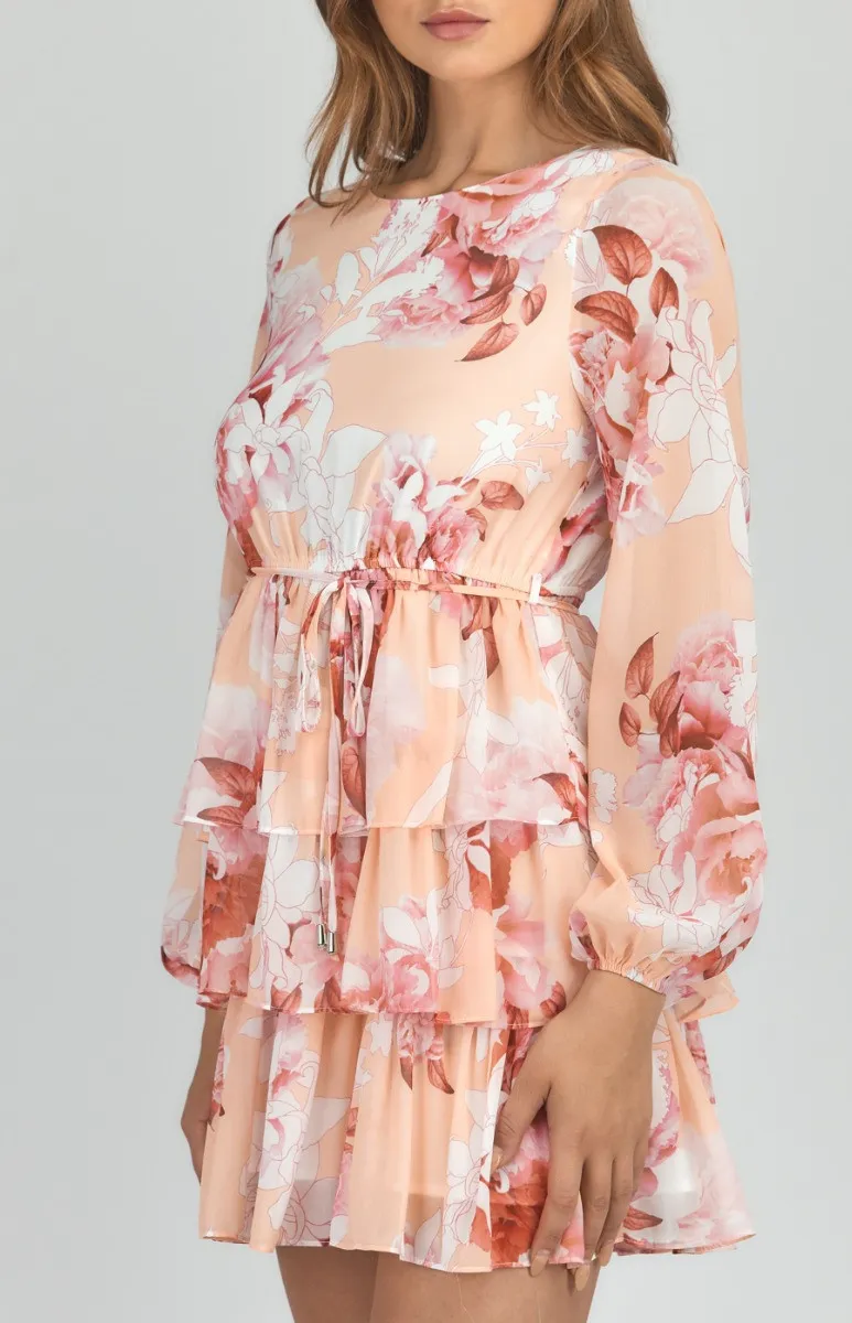 Abstract Floral Chiffon Tiered Hem Dress (SDR811-2B)