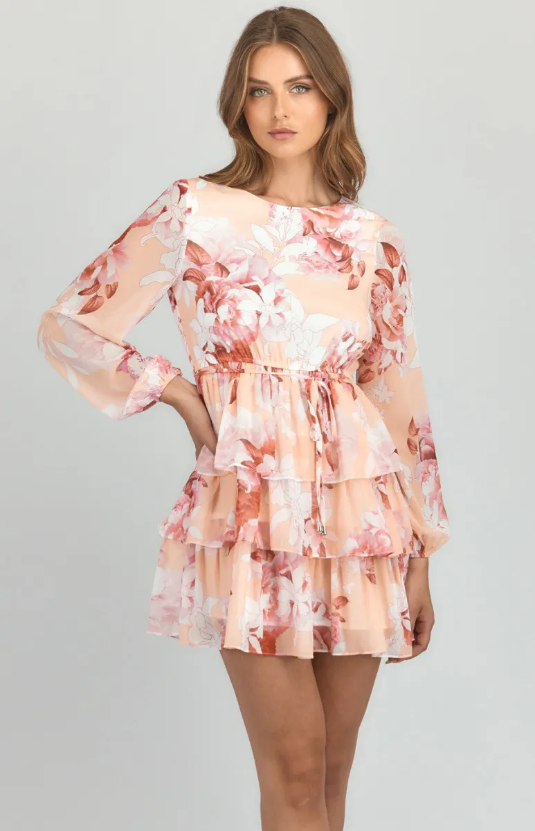 Abstract Floral Chiffon Tiered Hem Dress (SDR811-2B)