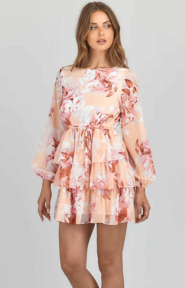 Abstract Floral Chiffon Tiered Hem Dress (SDR811-2B)