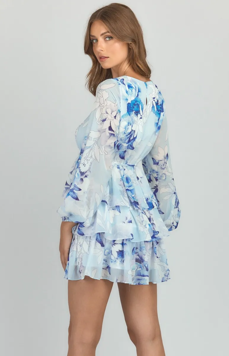 Abstract Floral Chiffon Tiered Hem Dress (SDR811-2B)