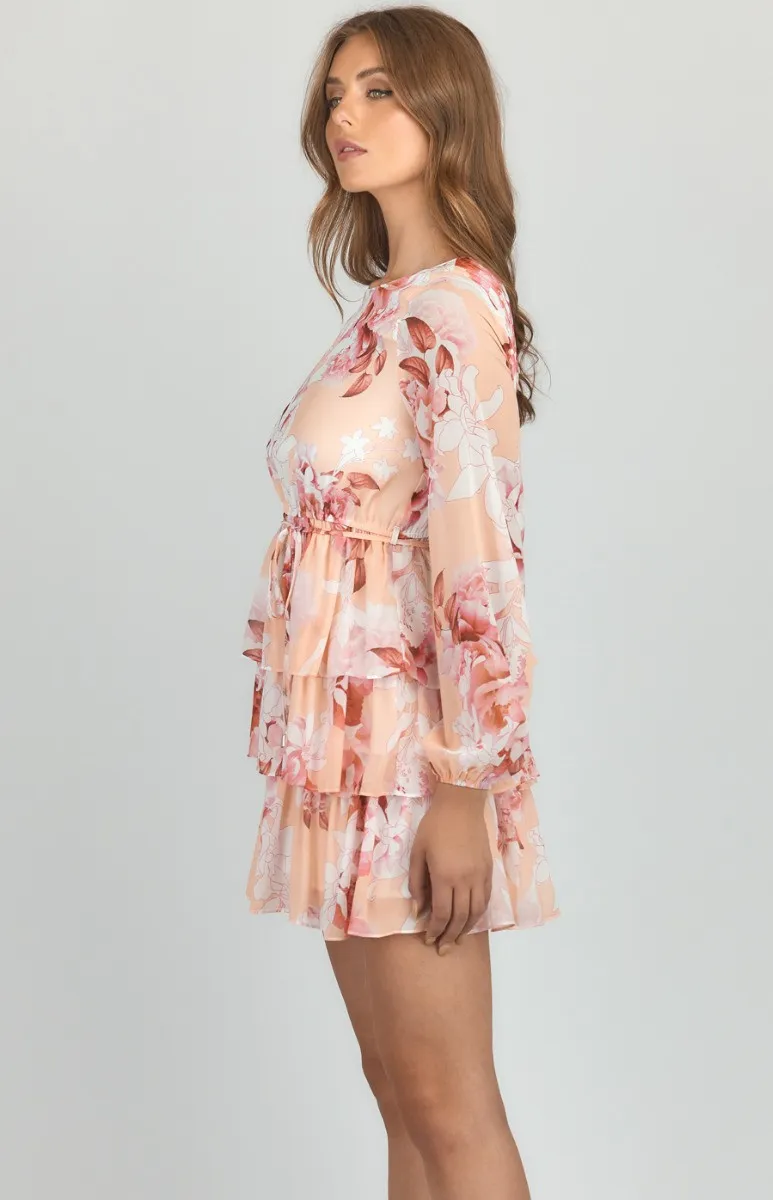 Abstract Floral Chiffon Tiered Hem Dress (SDR811-2B)