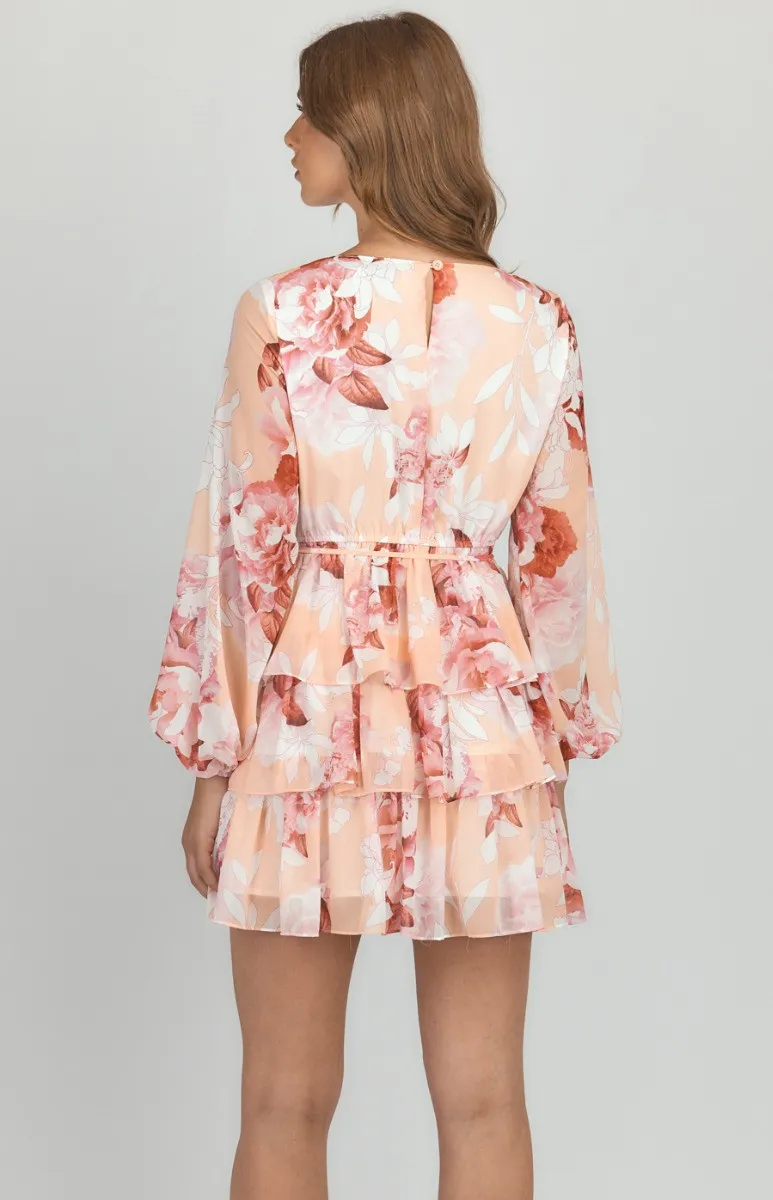 Abstract Floral Chiffon Tiered Hem Dress (SDR811-2B)