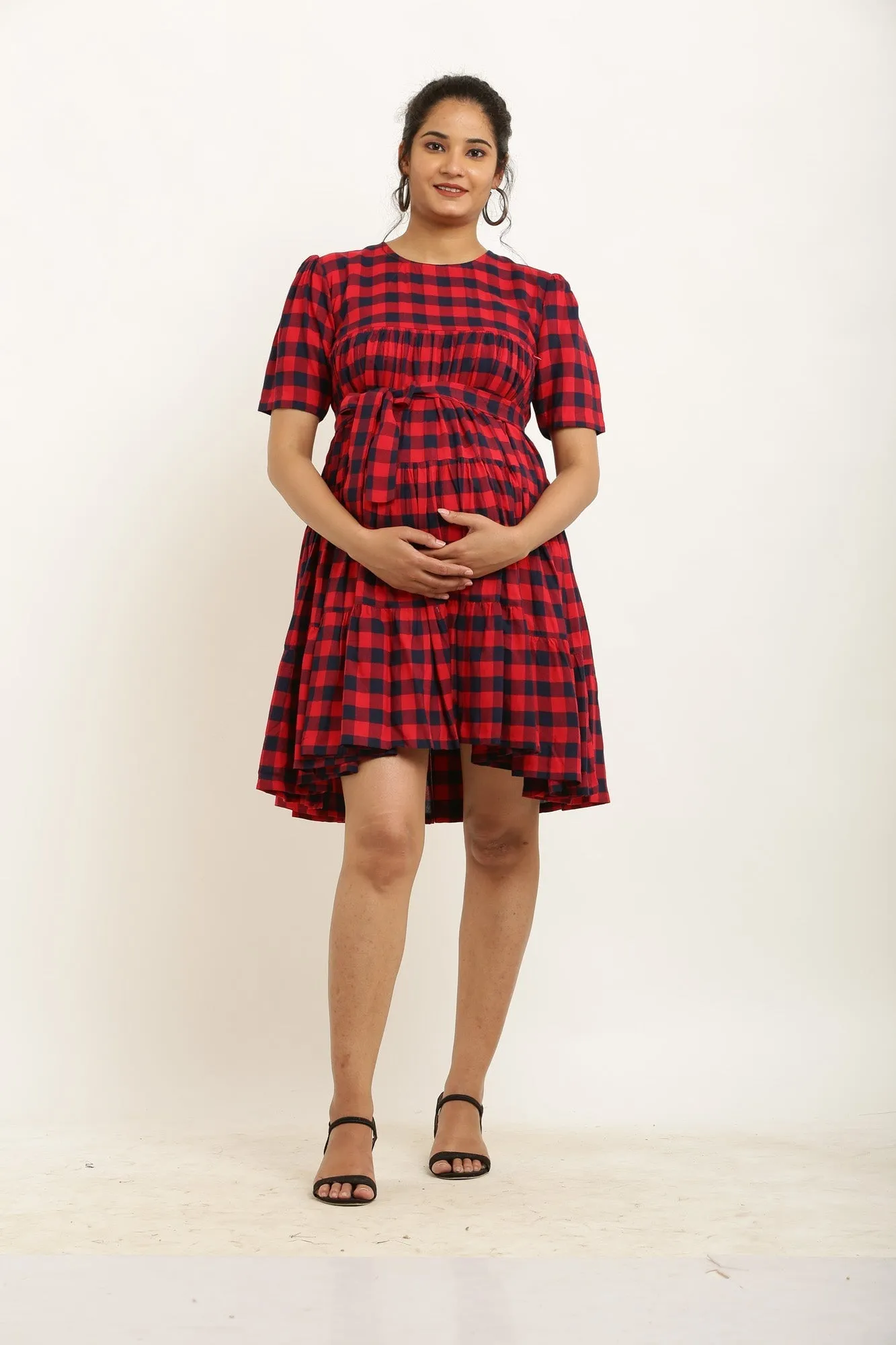 Adorable Red Plaid Maternity & Nursing Gathered Knee Dress