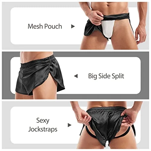 Sexy Mens Running Split Side Boxer Shorts Lightweight Silky Jockstrap Stain Active Shorts Black XL