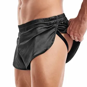 Sexy Mens Running Split Side Boxer Shorts Lightweight Silky Jockstrap Stain Active Shorts Black XL