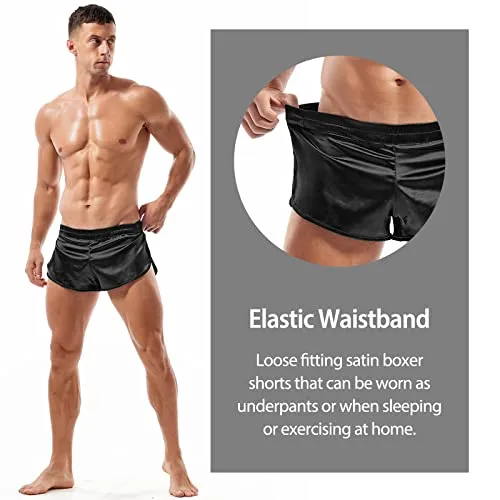 Sexy Mens Running Split Side Boxer Shorts Lightweight Silky Jockstrap Stain Active Shorts Black XL