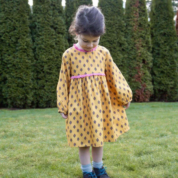 Beet World Toddler All-Over Print Lace Trim Long Sleeve Dress, Yellow & Pink