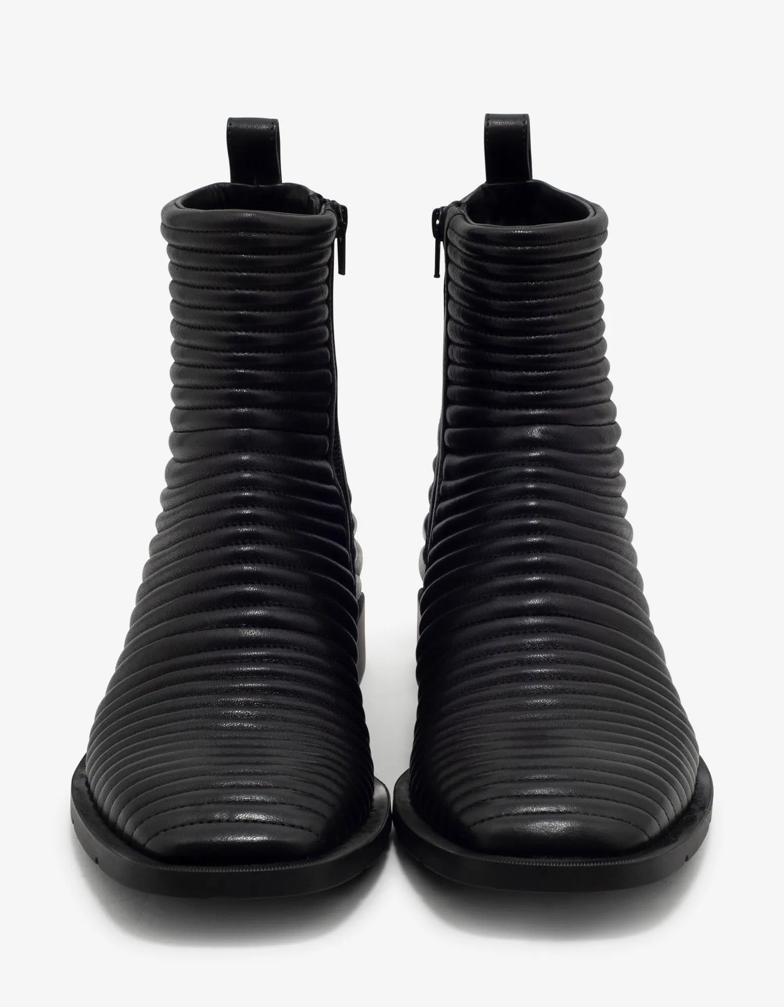 Black Leather Ribbed Biker Boots