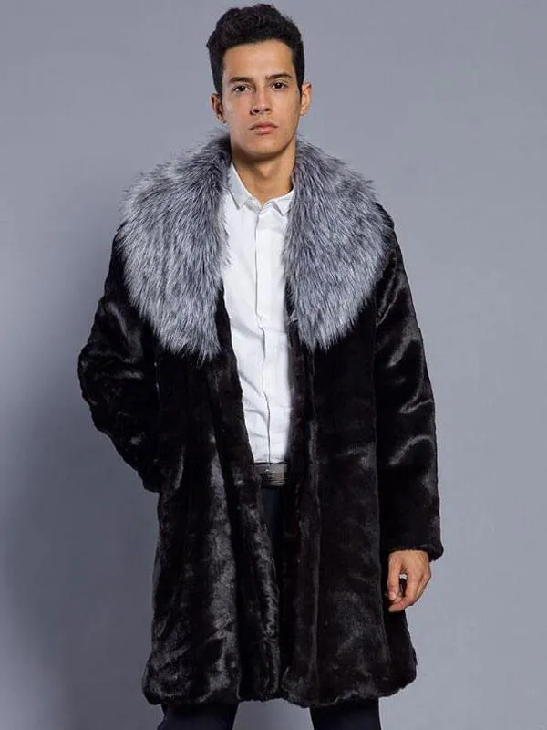 Men's Black Winter Faux Fur Overcoat with Turndown Collar