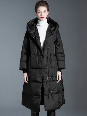 Black Women's Long Puffer Jacket with Hood for Winter