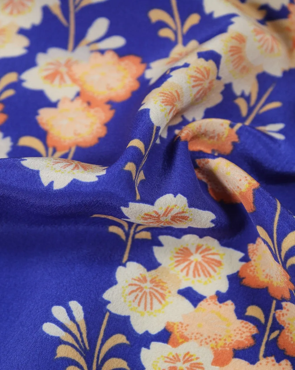 Floral Polyester Crepe Fabric in Blue and Multicolor