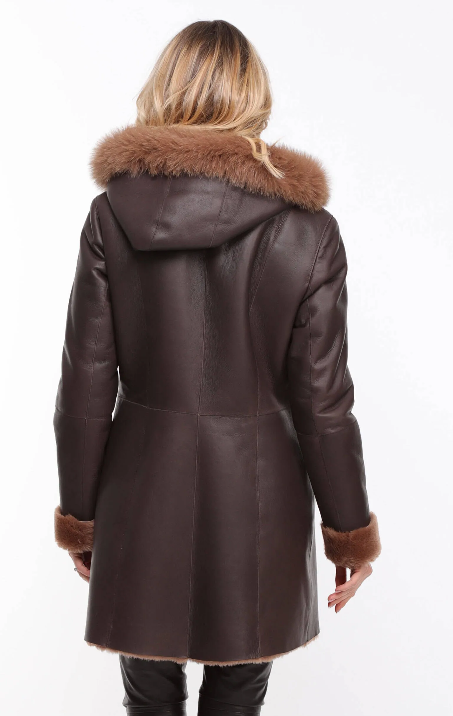 Chocolate Brown Hooded Sheepskin Coat for Women - Aurelia