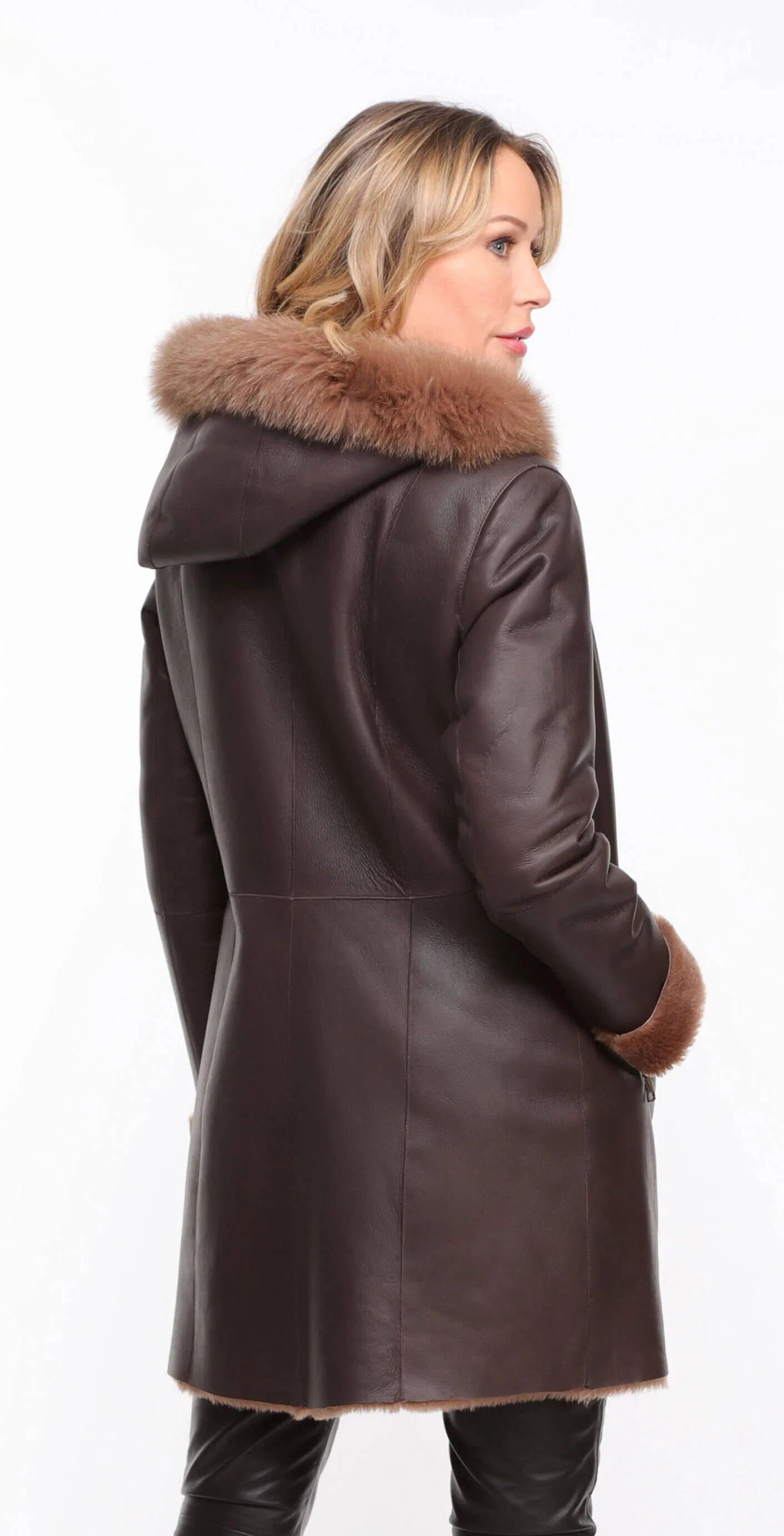 Chocolate Brown Hooded Sheepskin Coat for Women - Aurelia