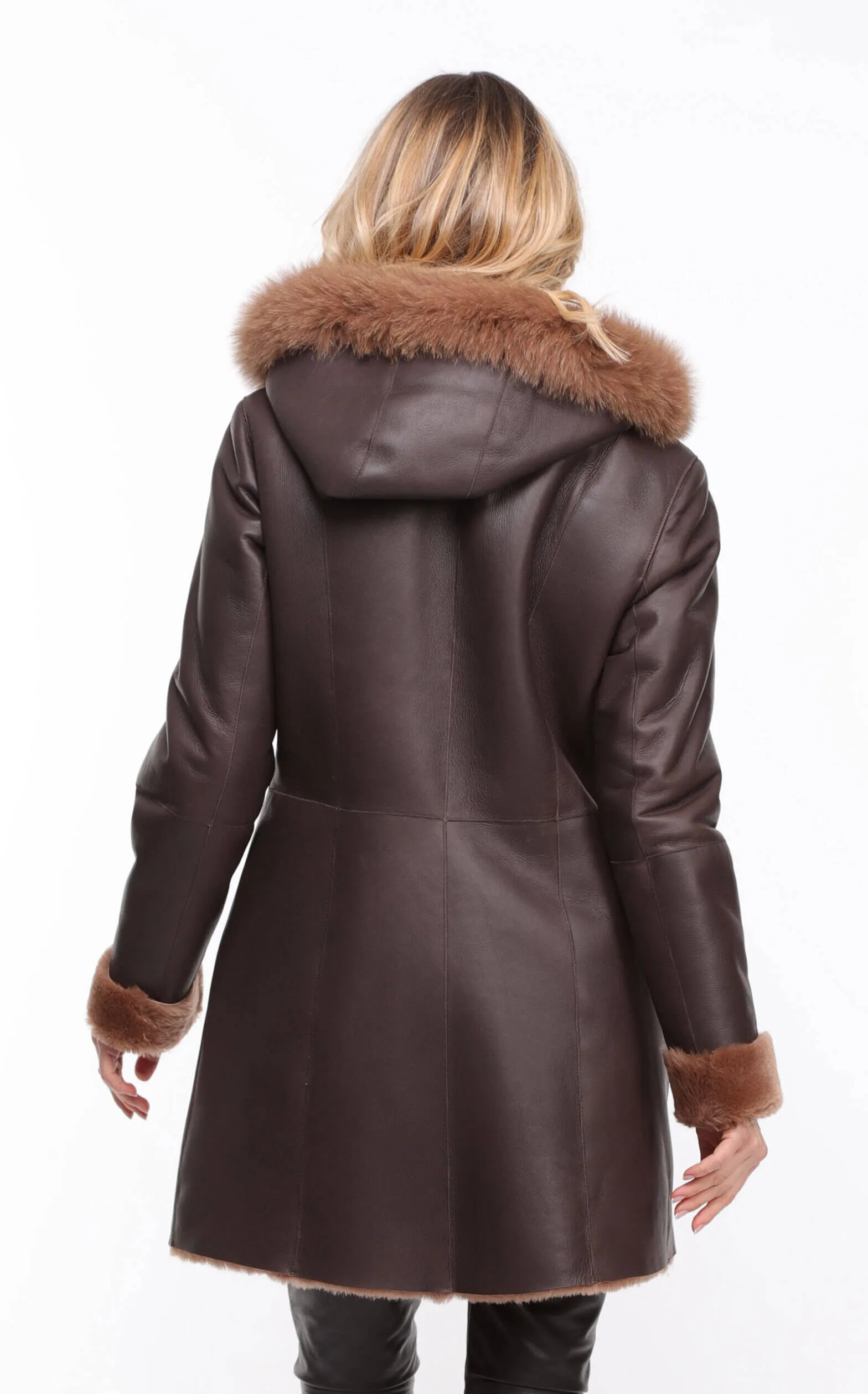 Chocolate Brown Hooded Sheepskin Coat for Women - Aurelia