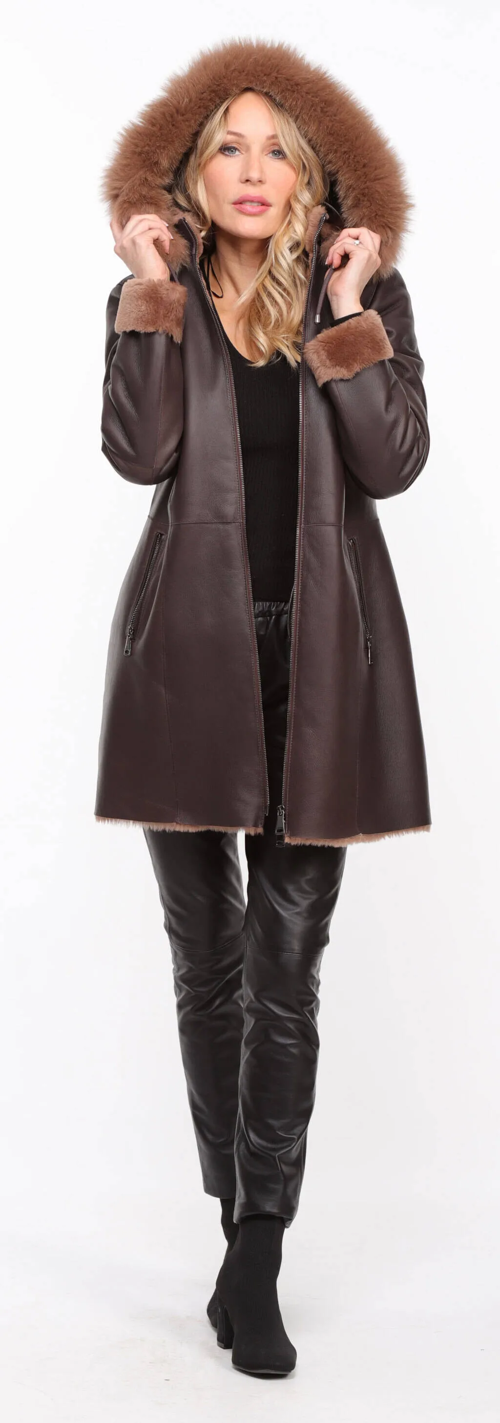 Chocolate Brown Hooded Sheepskin Coat for Women - Aurelia