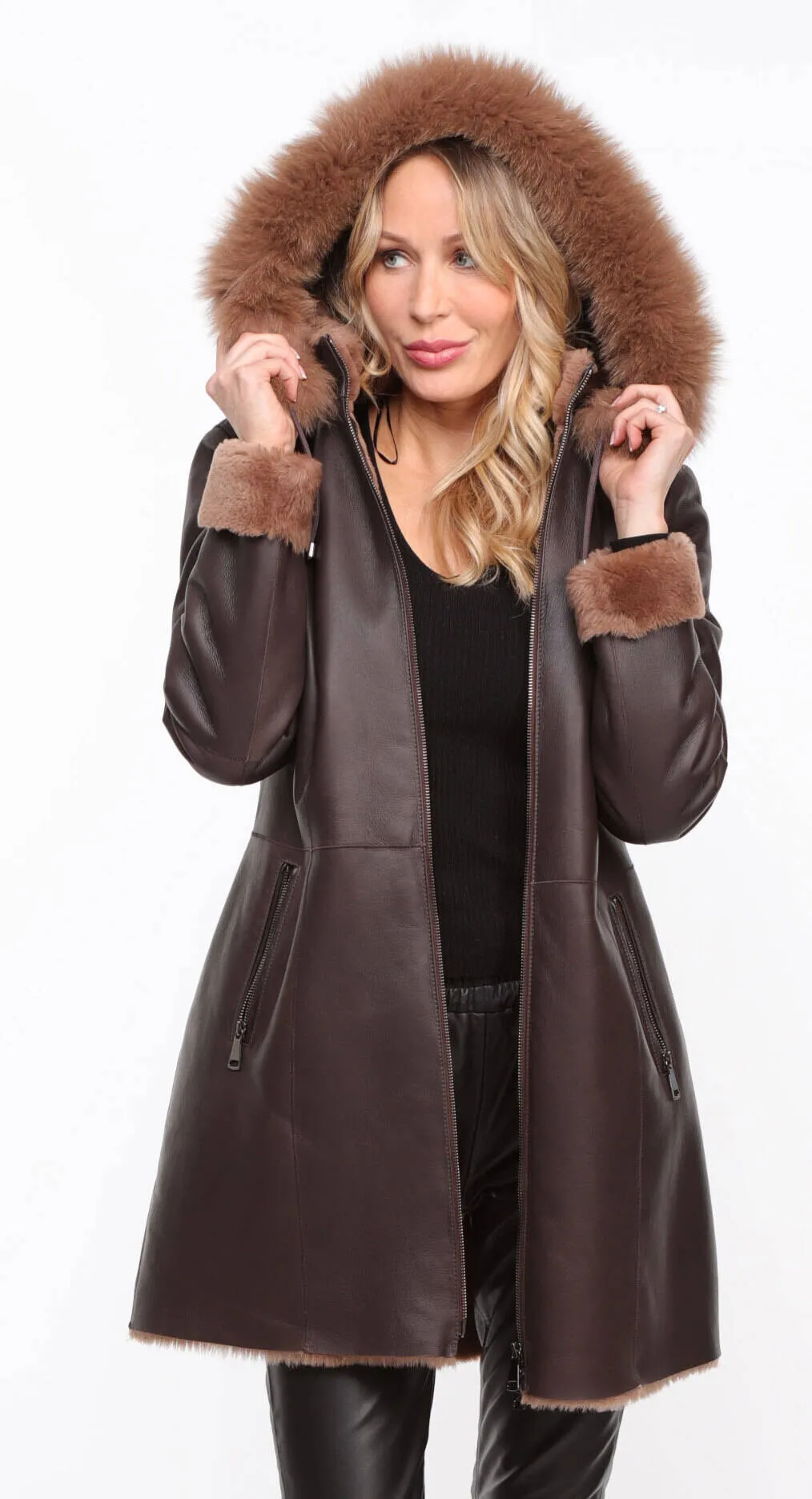 Chocolate Brown Hooded Sheepskin Coat for Women - Aurelia