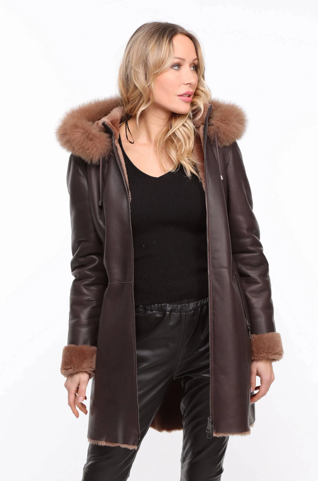 Chocolate Brown Hooded Sheepskin Coat for Women - Aurelia