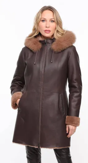 Chocolate Brown Hooded Sheepskin Coat for Women - Aurelia