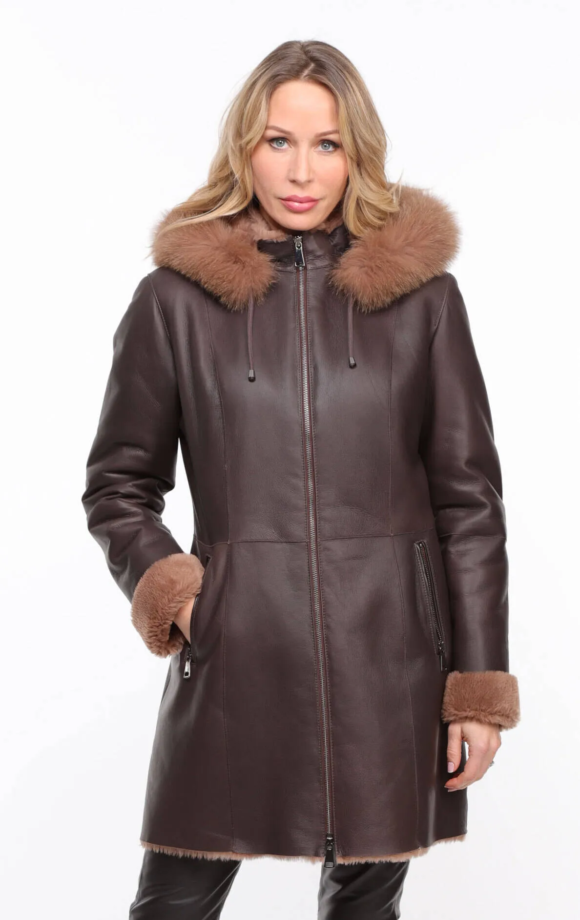 Chocolate Brown Hooded Sheepskin Coat for Women - Aurelia