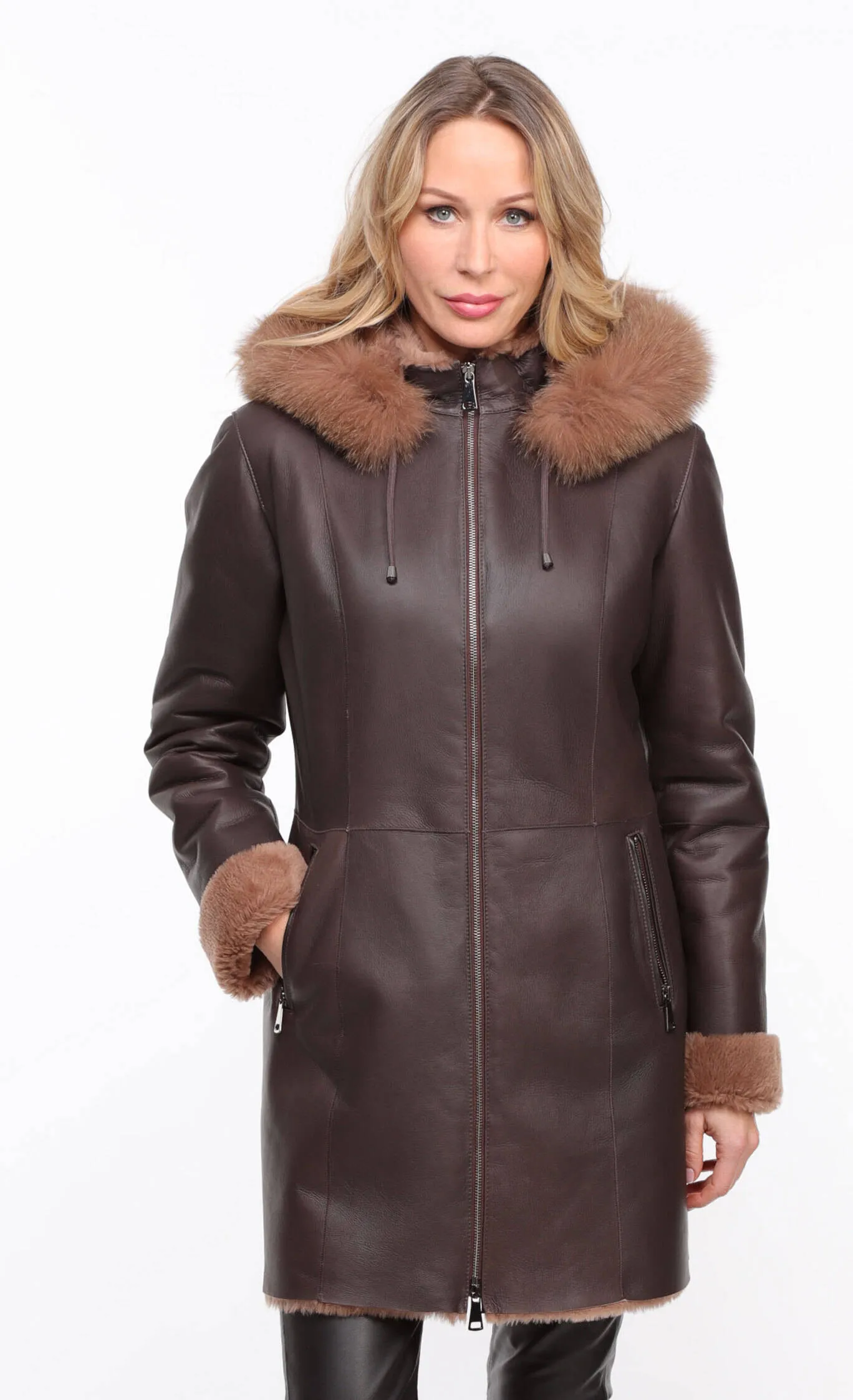 Chocolate Brown Hooded Sheepskin Coat for Women - Aurelia