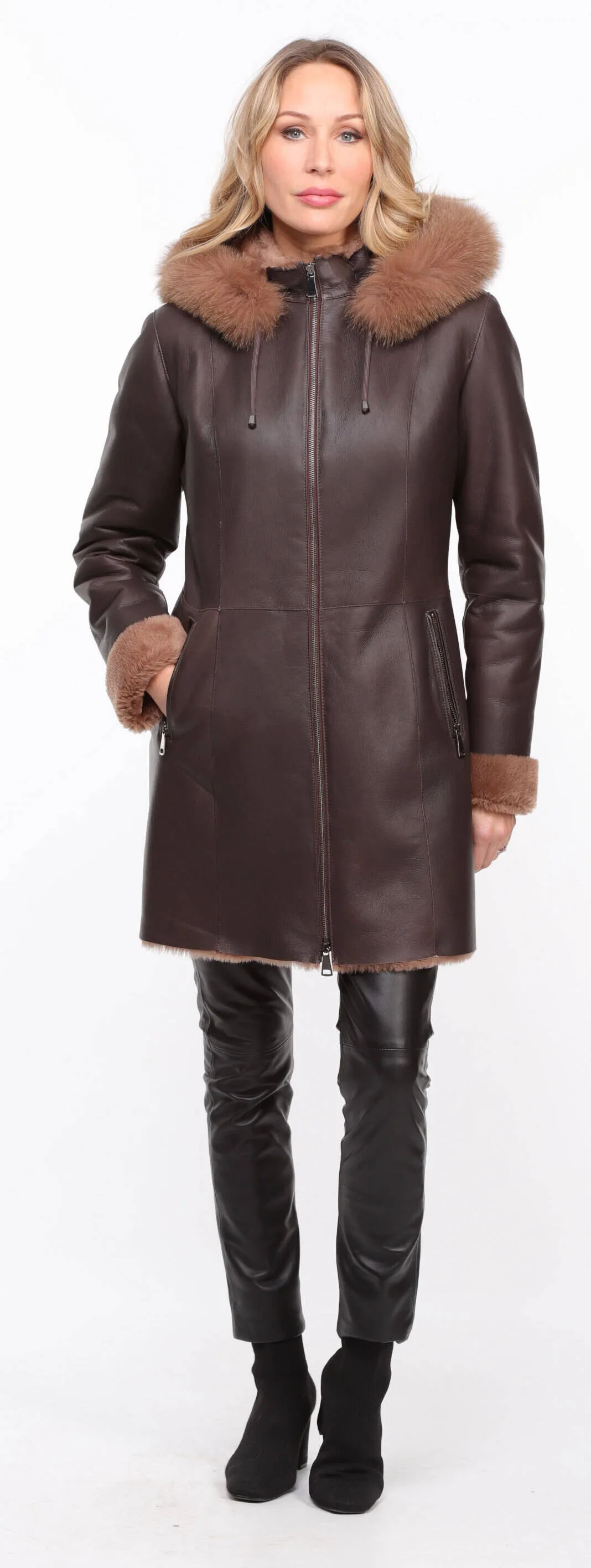 Chocolate Brown Hooded Sheepskin Coat for Women - Aurelia