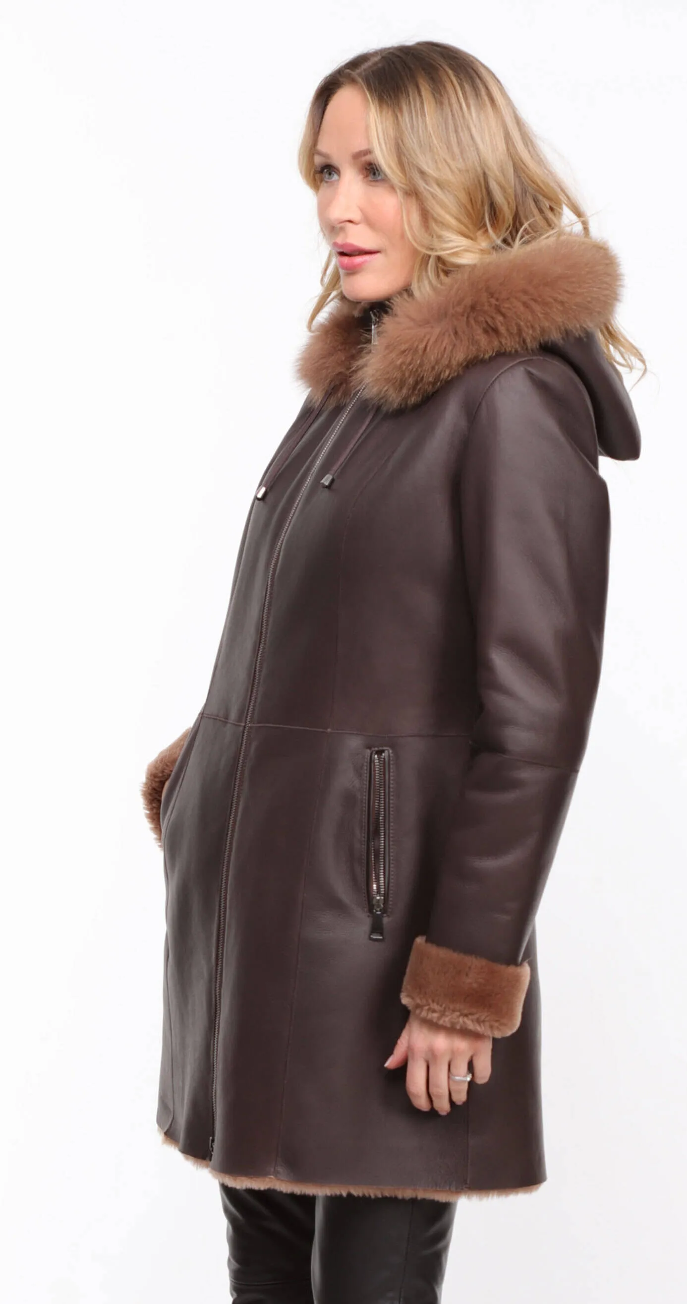 Chocolate Brown Hooded Sheepskin Coat for Women - Aurelia