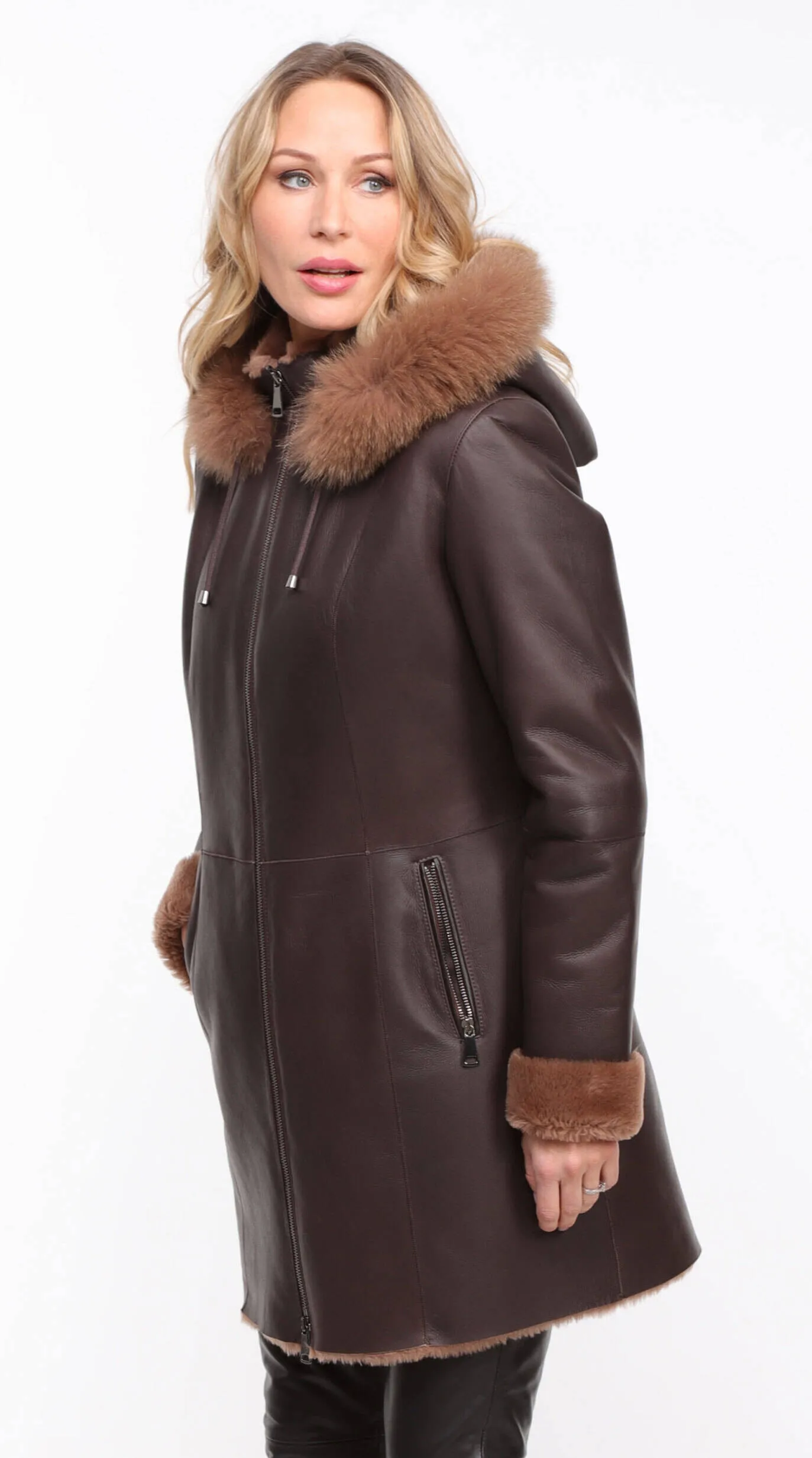 Chocolate Brown Hooded Sheepskin Coat for Women - Aurelia