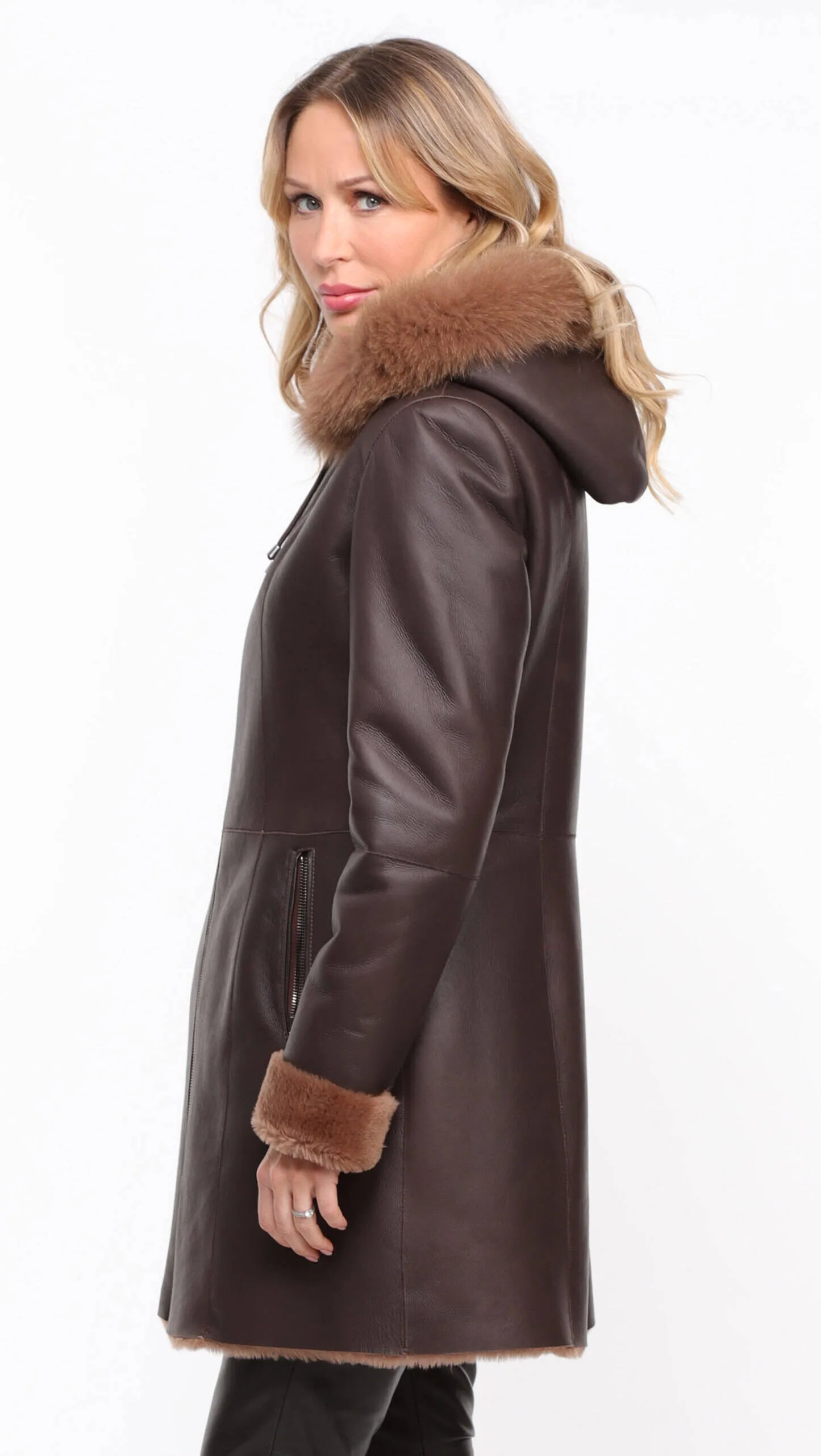 Chocolate Brown Hooded Sheepskin Coat for Women - Aurelia