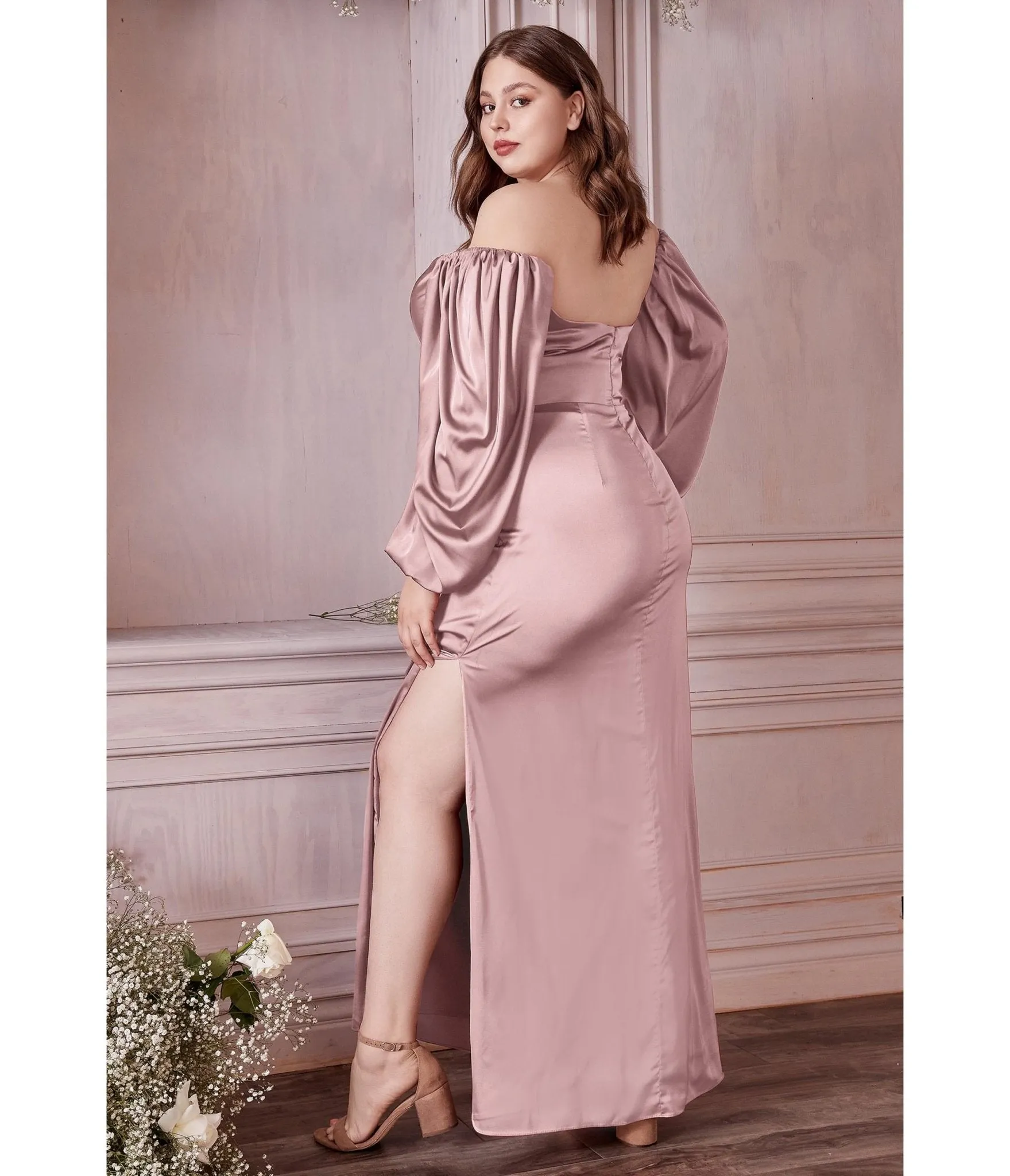 Plus Size Mauve Satin Long Sleeve Bridesmaid Dress by Cinderella Divine