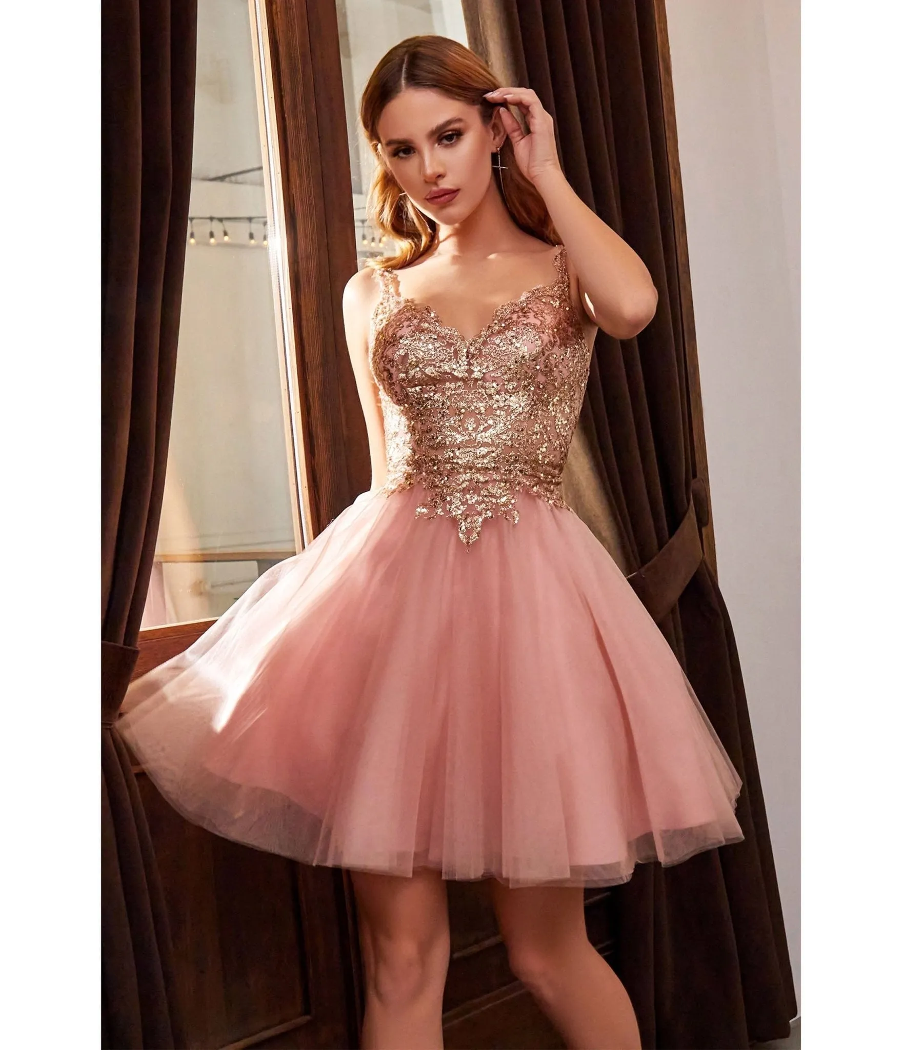 Rose Gold Mini Homecoming Dress with Embellishments by Cinderella Divine