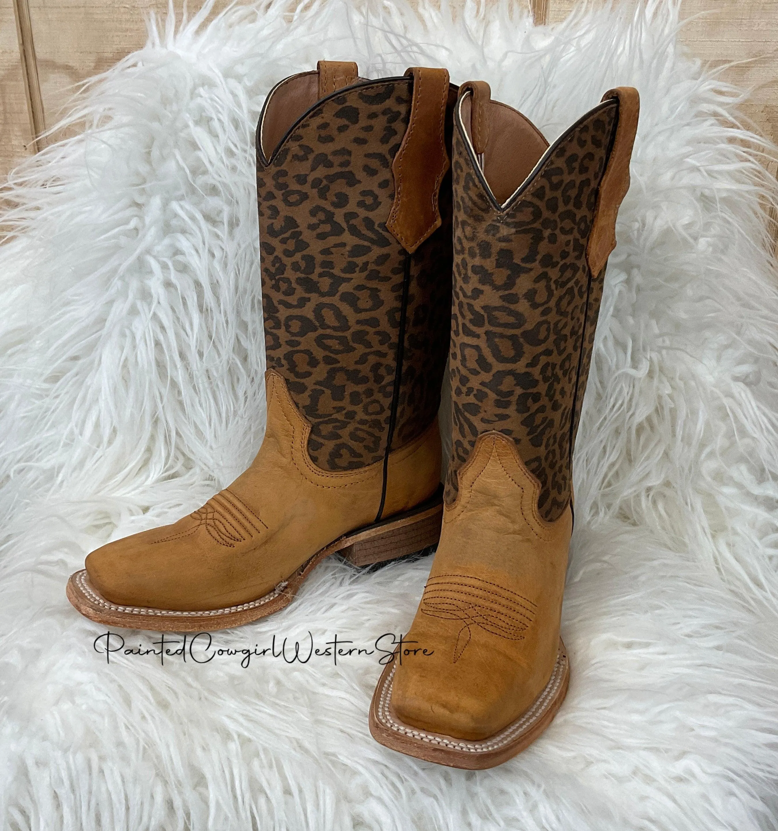 Circle G by Corral Teen Youth Honey Leopard Print Shaft Square Toe Boots J7104