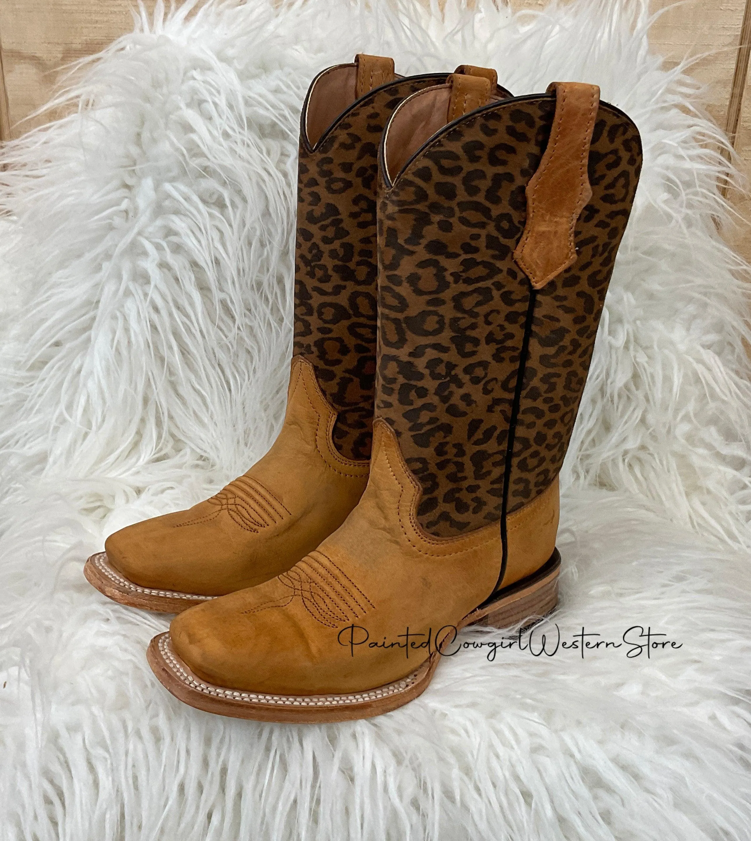 Circle G by Corral Teen Youth Honey Leopard Print Shaft Square Toe Boots J7104