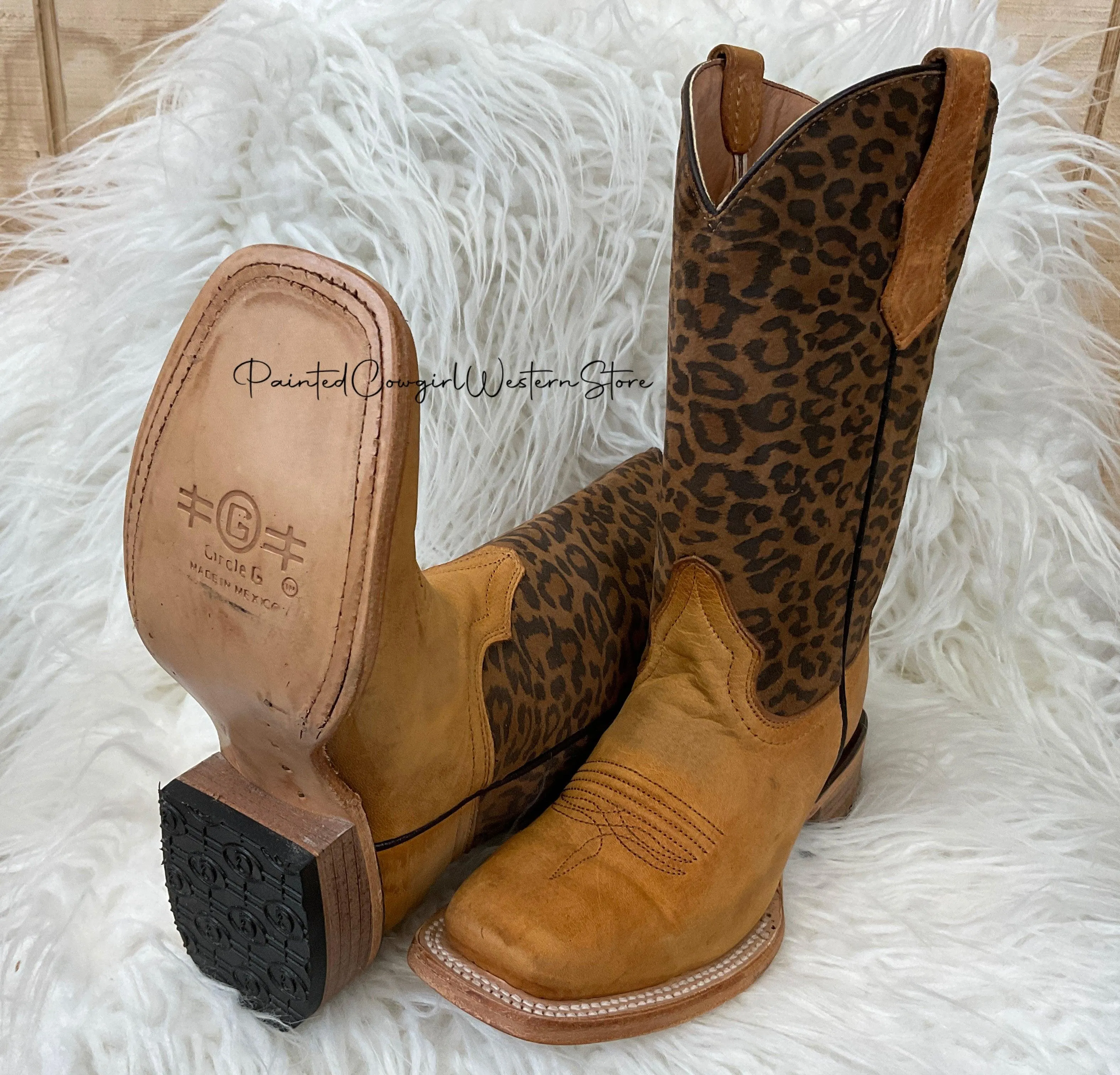 Circle G by Corral Teen Youth Honey Leopard Print Shaft Square Toe Boots J7104