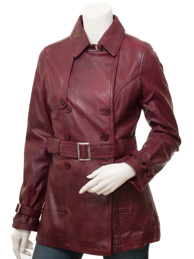 COLUMBIA womens burgundy leather trench coat