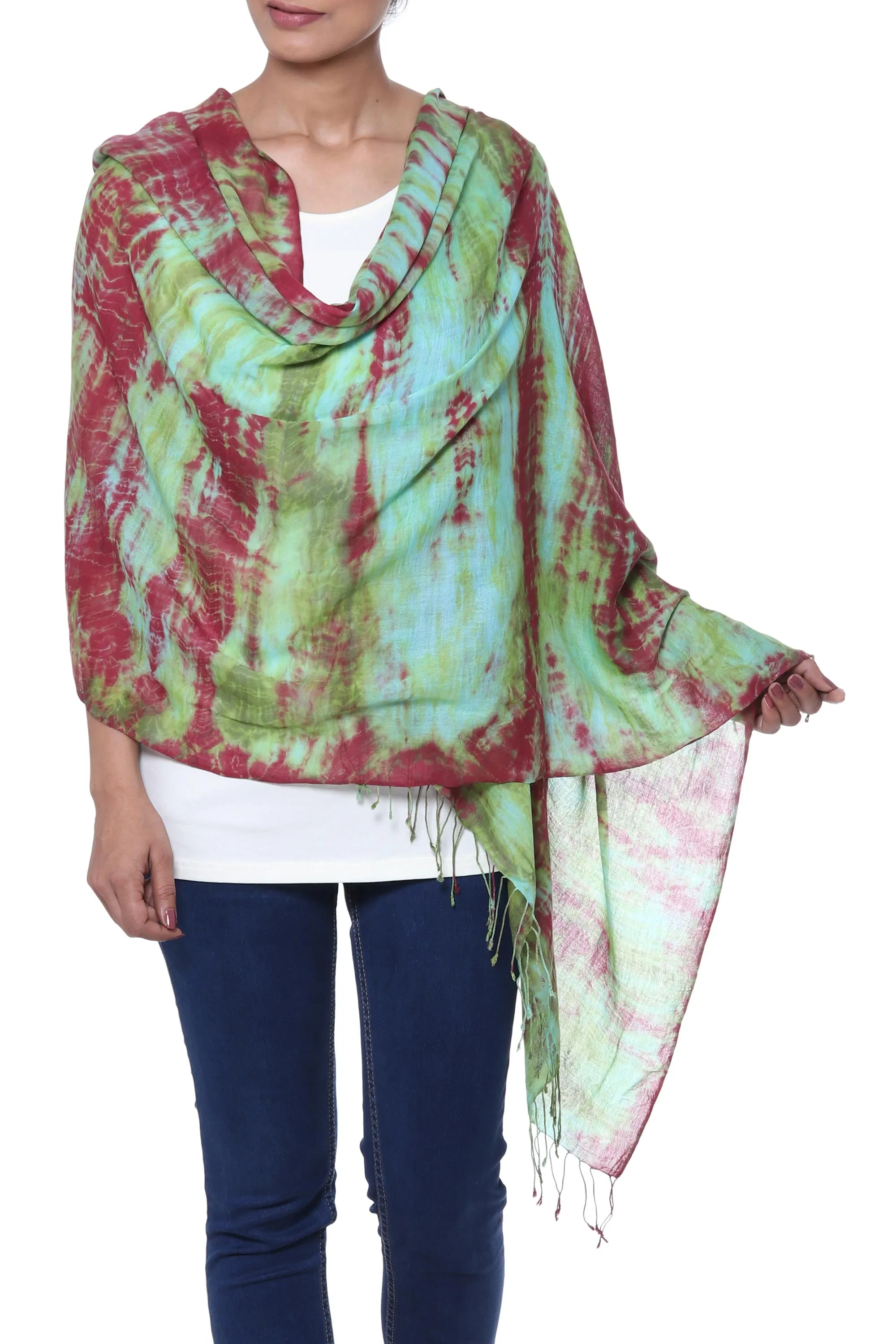 Cosmic Waves Tie-Dyed Cotton Shawl with Fringe in Red, Green, and Aqua