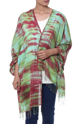 Cosmic Waves Tie-Dyed Cotton Shawl with Fringe in Red, Green, and Aqua