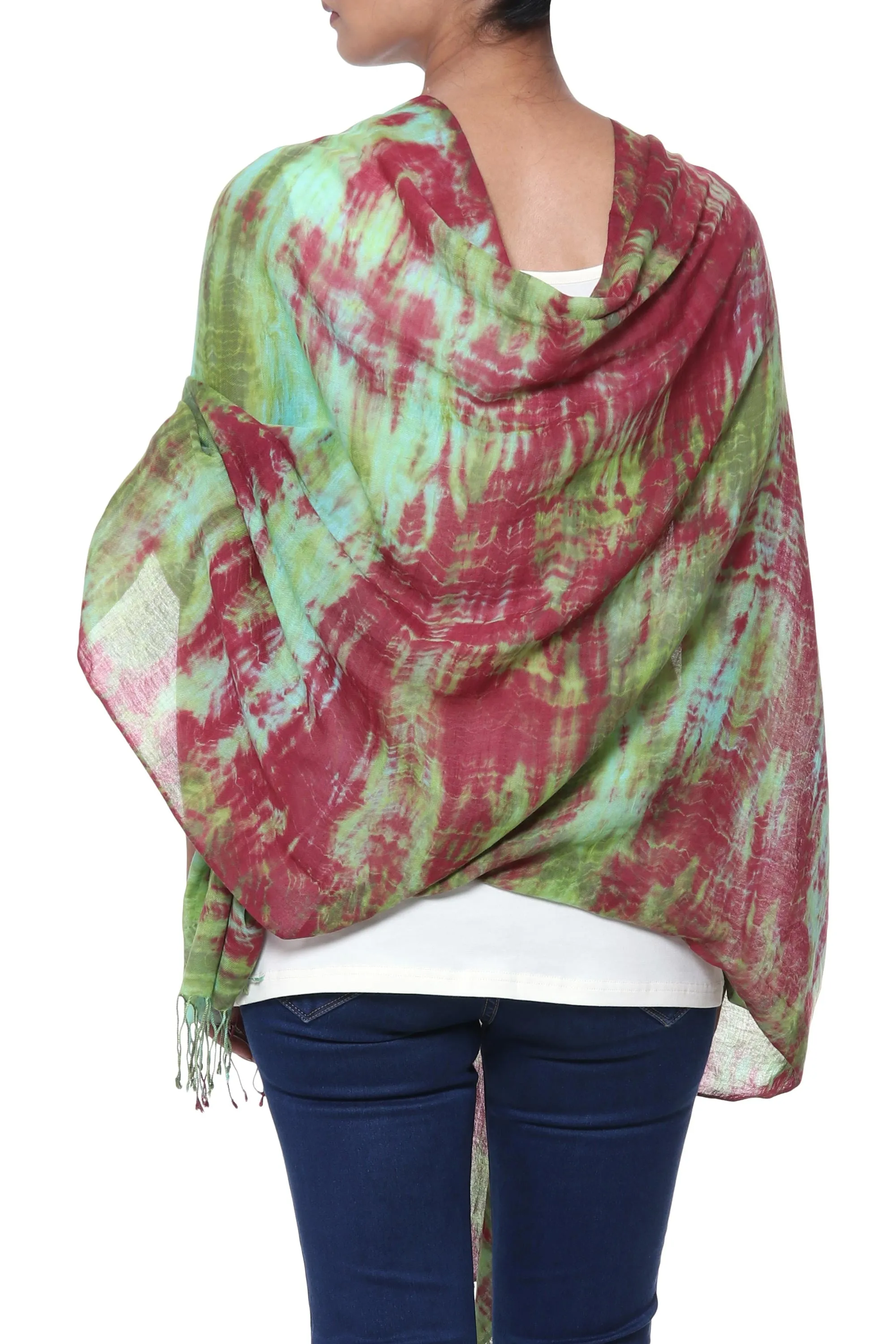 Cosmic Waves Tie-Dyed Cotton Shawl with Fringe in Red, Green, and Aqua