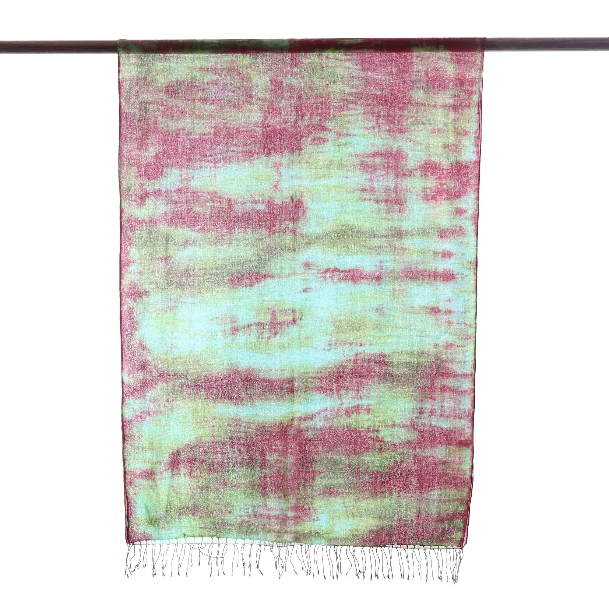 Cosmic Waves Tie-Dyed Cotton Shawl with Fringe in Red, Green, and Aqua