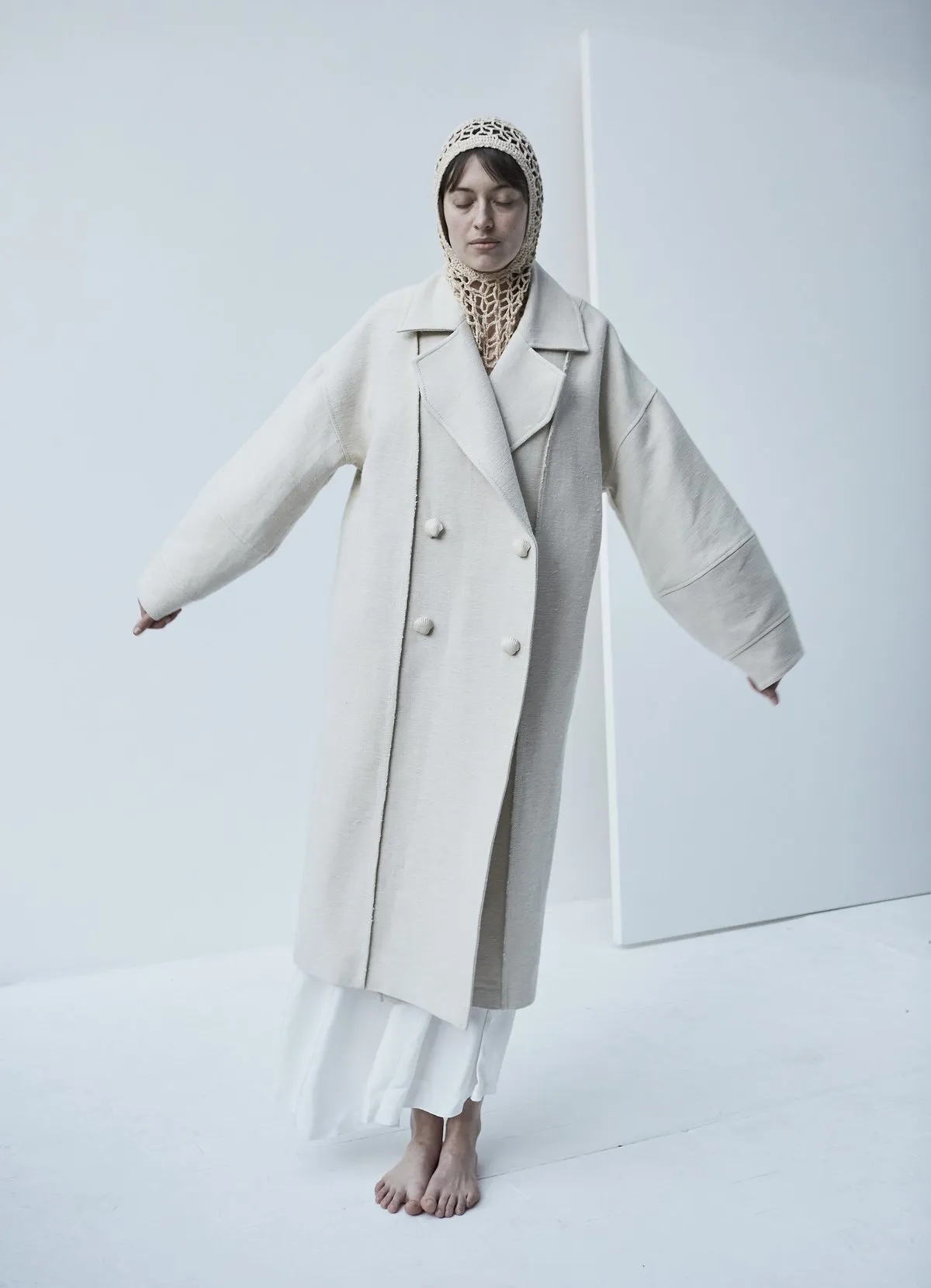 Cream Snegurochka Wool Hemp Shell Buttons Coat