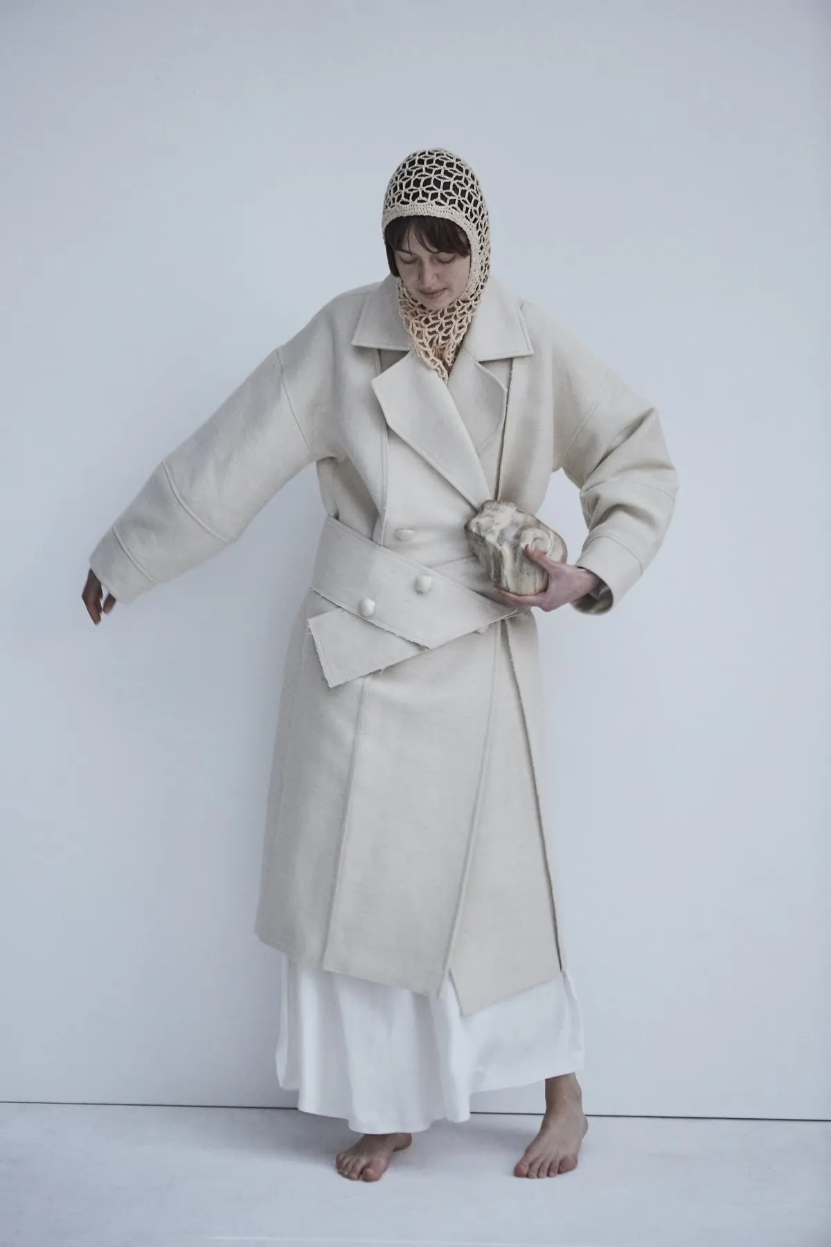 Cream Snegurochka Wool Hemp Shell Buttons Coat