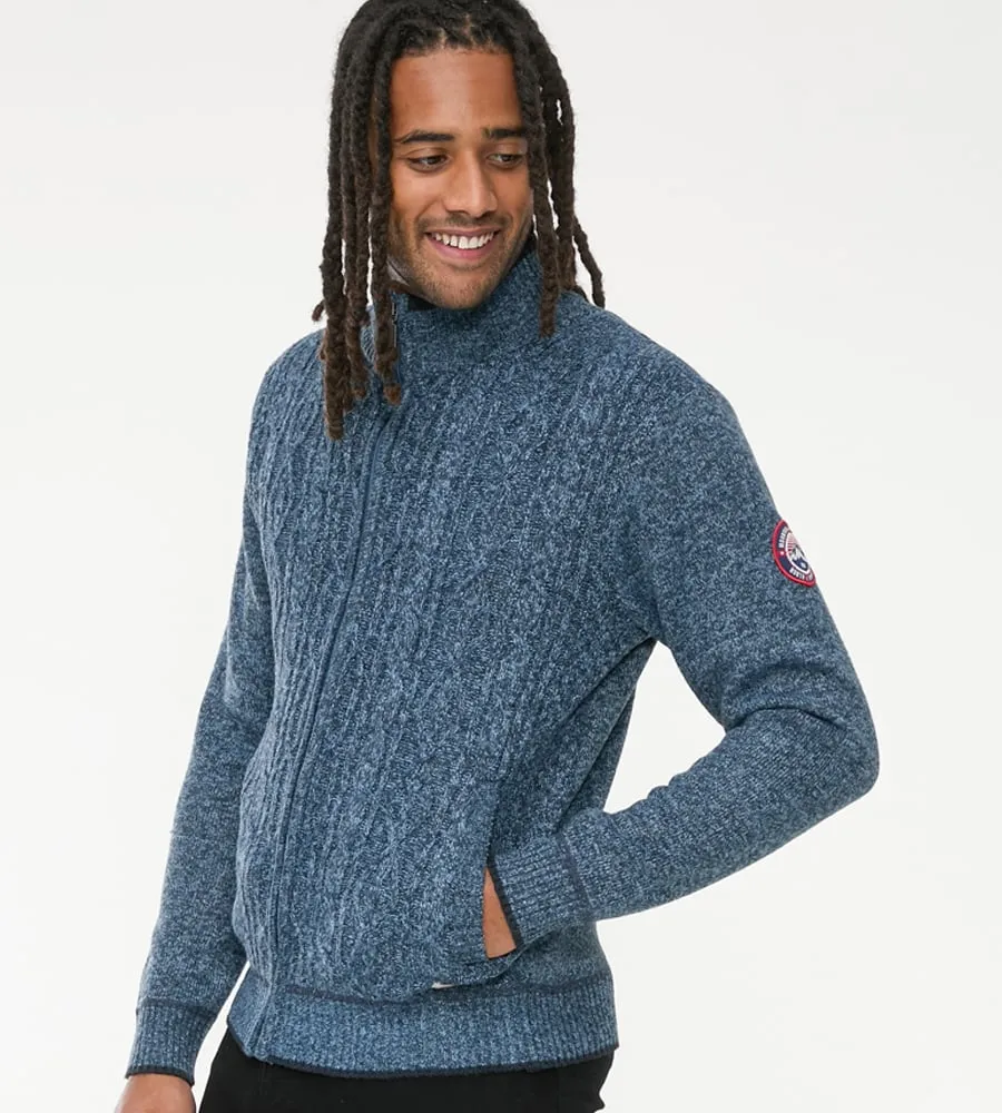 D555 Men's Blue Cable Knit Sweater With Zip and Bonded Check Lining (Eccles)