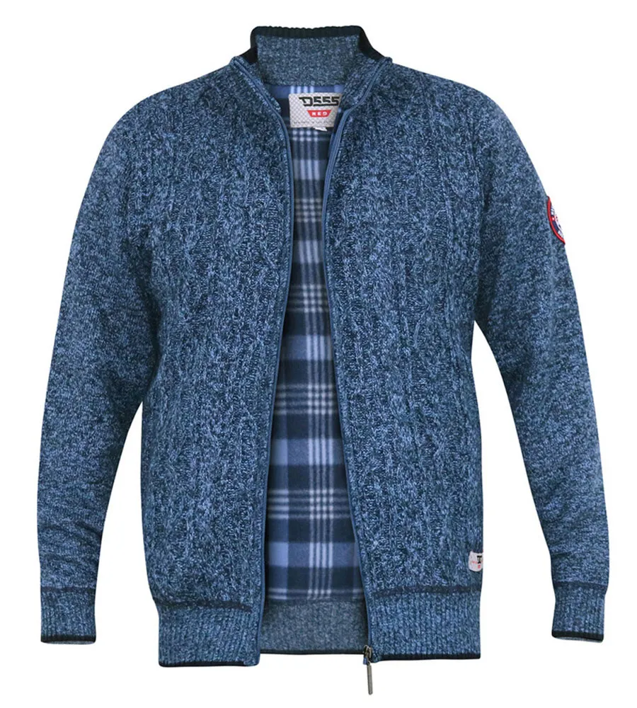 D555 Men's Blue Cable Knit Sweater With Zip and Bonded Check Lining (Eccles)