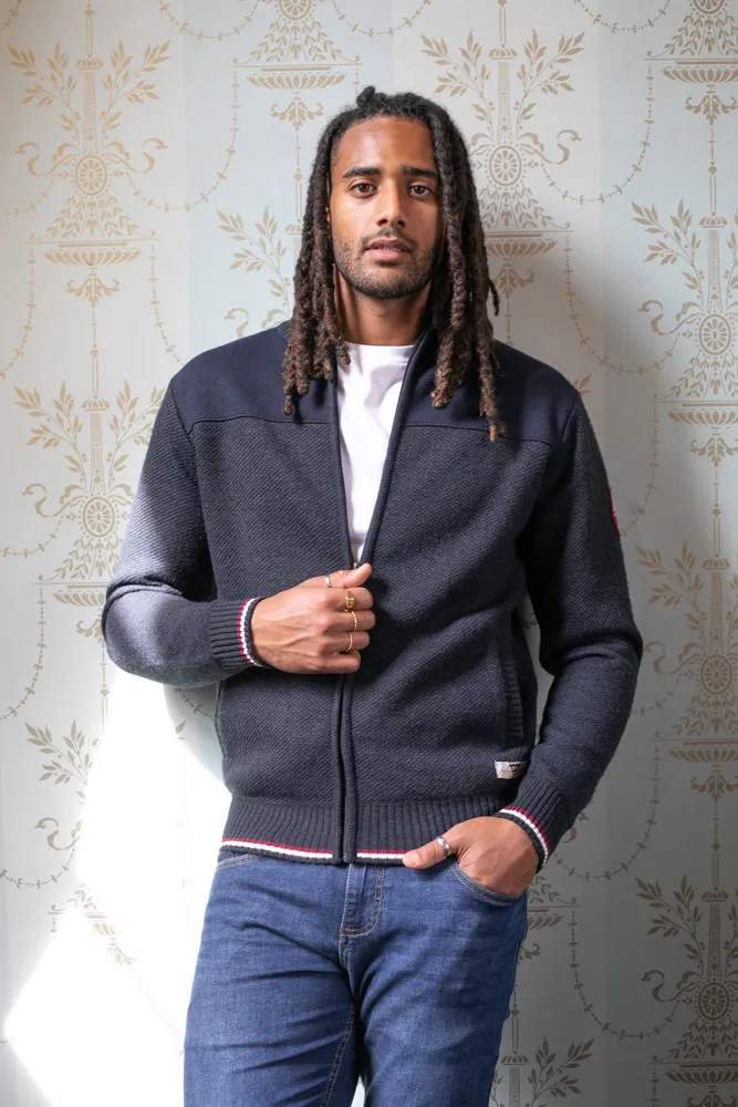 D555 Tall Men's Navy Knitted Zip Through Sweater With Lining (Aberdare 1)