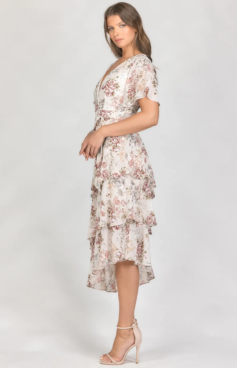 Floral Butterfly Sleeve Tiered Hem Maxi Dress