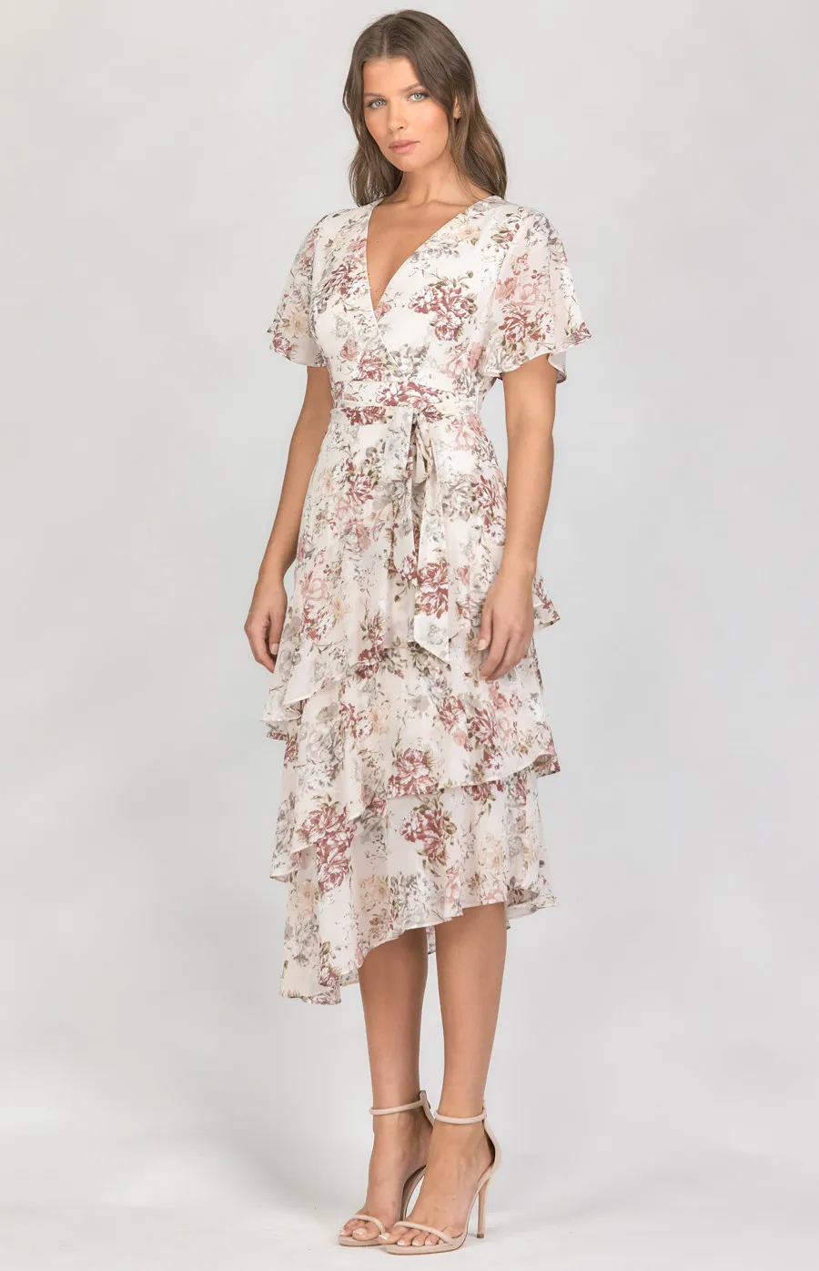 Floral Butterfly Sleeve Tiered Hem Maxi Dress