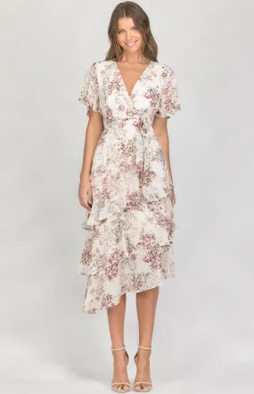 Floral Butterfly Sleeve Tiered Hem Maxi Dress