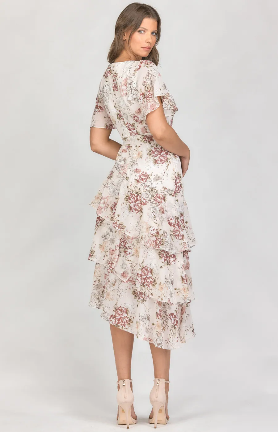 Floral Butterfly Sleeve Tiered Hem Maxi Dress